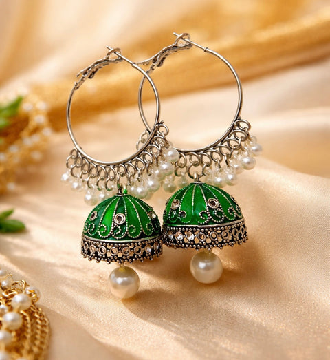 Emerald Pearl Jhumka Hoop Earrings
