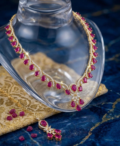 Elegant Ruby and Diamond Bridal Jewelry Set