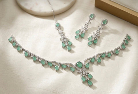 Emerald Mist Silver-Toned Floral Choker & Maang Tikka Set
