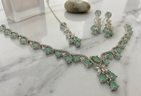 Emerald Mist Silver-Toned Floral Choker & Maang Tikka Set