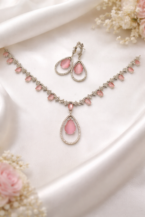 Blush Radiance Teardrop Rose-Quartz Necklace & Earring Set