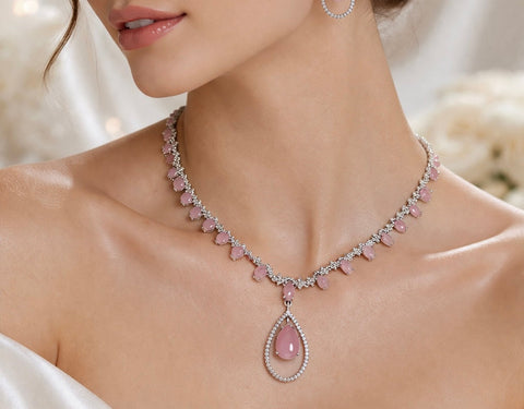 Blush Radiance Teardrop Rose-Quartz Necklace & Earring Set