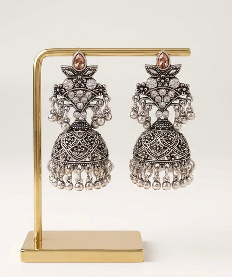 Antique Silver Floral Jhumka Earrings